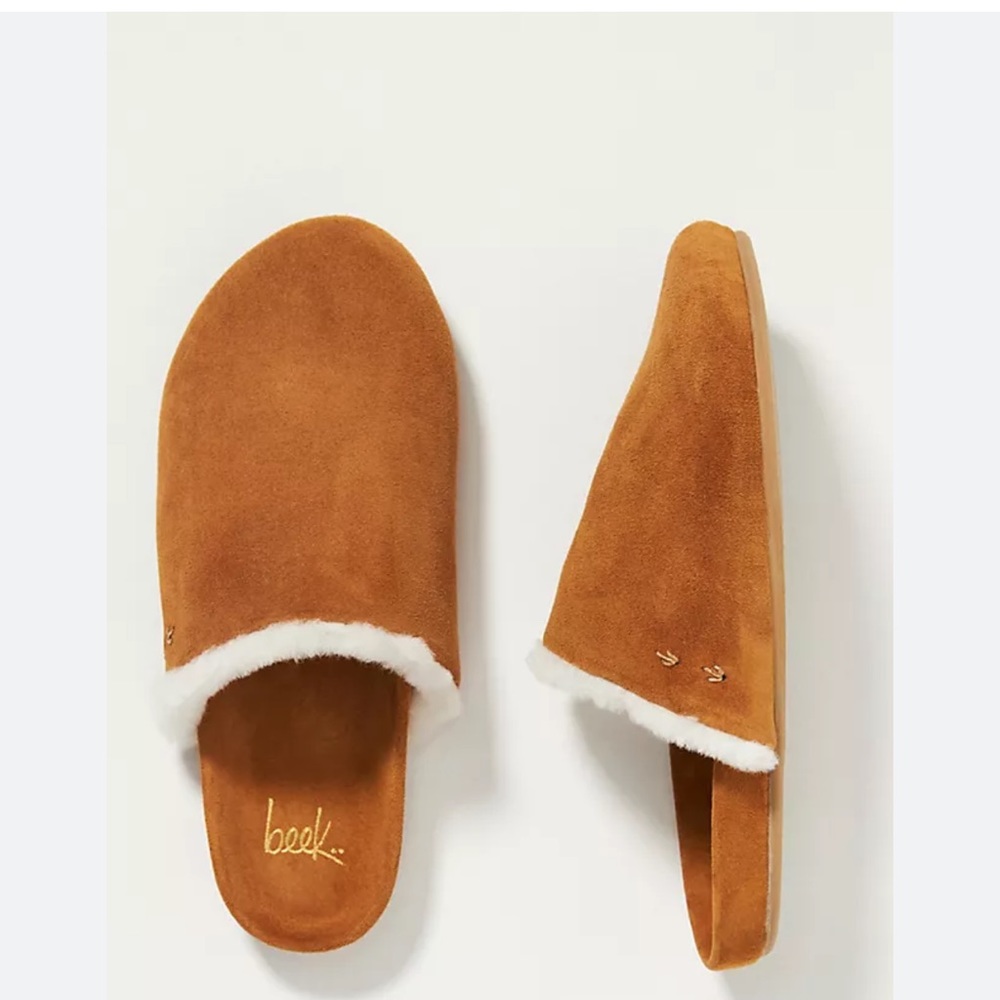 Beek Apalis Shearling-Trimmed Clogs in Caramel sz 9